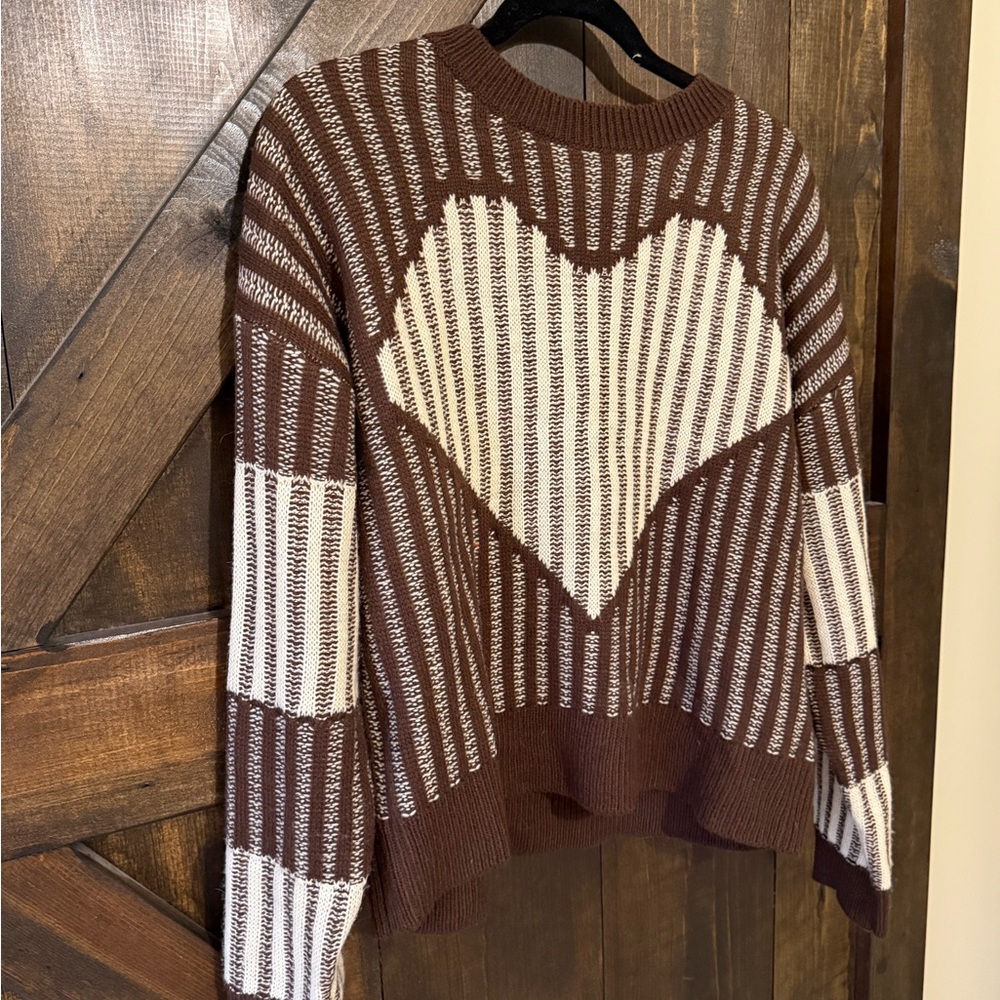 Listicle Cream and Brown Heart-Stripe Crewneck Sweater